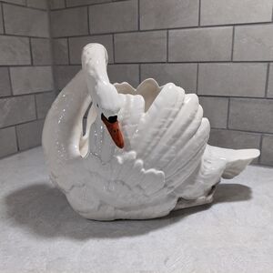 Vintage Czechoslovakia White Swan Planter / Trinket Dish Ceramic